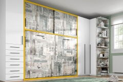 CAMA ABATIBLE HORIZONTAL DE MATRIMONIO CON UN ARMARIO CON PUERTAS CORREDERAS.