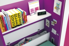 EN EL FONDO DE LA CAMA VERTICAL, TENDREMOS ESTANTERÍAS Y UN PEQUEÑO ARCÓN PARA GUARDAR LA ALMOHADA