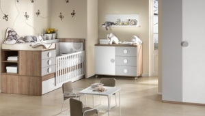 DORMITORIO INFANTIL CON CUNA CONVERTIBLE, CÓMODA DE CAJONES Y PUERTA , ARMARIO DE DOS PUERTAS Y ESTANTE DE PARED.