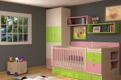 DORMITORIO INFANTIL CON CUNA CONVERTIBLE, CON BAJO DE CAJONES, ARMARIO Y DIÁFANOS DE PARED.