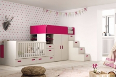 DORMITORIO CON CUNA CONVERTIBLE TREN, COMPUESTO POR : CUNA CONVERTIBLE CON BAJO DE CAJONES, CAMA ALTA, ARMARIO DE UNA PUERTA, ESTANTERÍA, CAMBIADOR EXTRAÍBLE Y ESCALERA DE PELDAÑOS CON CAJONES.