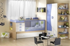 DORMITORIO INFANTIL COMPUESTA POR : CUNA CONVERTIBLE Y ARMARIO DE DOS PUERTAS CON CAJONES VISTOS Y TERMINAL.
