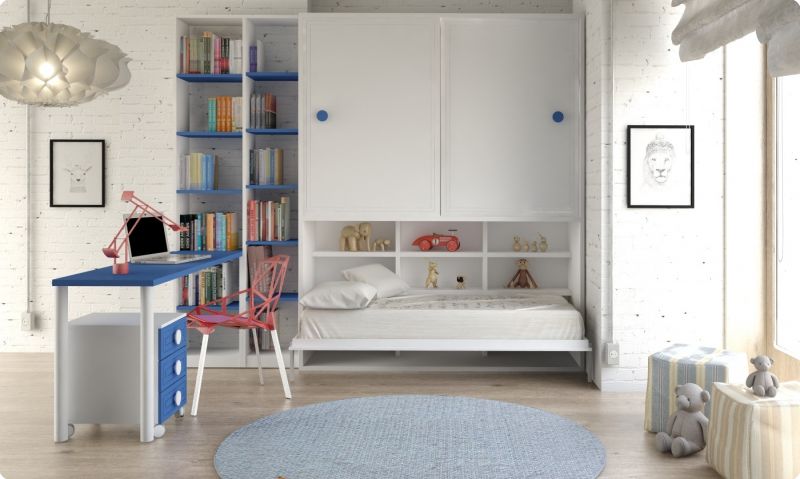 Dormitorio juvenil con cama y litera abatible haya y gris + zona de estudio