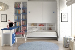 DORMITORIO JUVENIL, COMPUESTO POR UNA CAMA ABATIBLE HORIZONTAL LACADA CON ARMARIO DE PUERTAS CORREDERAS, ESTANTERÍA Y MESA ESTUDIO.
