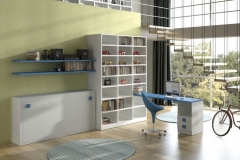 HABITACIÓN JUVENIL LACADA CON CAMA ABATIBLE, ESTANTES DE PARED, ESTANTERÍA Y MESA ESTUDIO CON MUEBLE DE CAJONES.