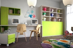 OTRA HABITACIÓN JUVENIL LACADA EN PISTACHO Y BLANCO, CON CAMA ABATIBLE HORIZONTAL, MESA ESTUDIO Y MÓDULOS ALTOS DE COLGAR.