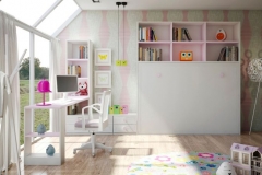 LOS DORMITORIOS JUVENILES O INFANTILES, LACADOS SE PUEDEN FABRICAR EN DIFERENTES COLORES, EN ESTA COMPOSICIÓN, VEMOS EL BLANCO COMBINADO CON ROSA PALO EN LOS TIRADORES Y LOS ESTANTES DE LA CAMA ABATIBLE HORIZONTAL.