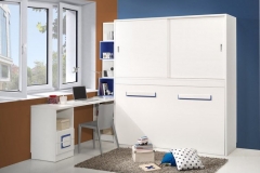 DORMITORIO JUVENIL CON CAMA ABATIBLE HORIZONTAL CON ARMARIO, EN LACA BLANCA,COMBINADA CON DETALLES EN AZUL. HAY DIFERENTES TIRADORES Y SE LACA EN MUCHOS COLORES.