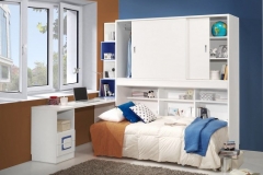 DETALLE DE LA CAMA ABATIBLE HORIZONTAL LACADA DE LA FOTO ANTERIOR : COMO PODEMOS OBSERVAR, CUANDO ABRIMOS LA CAMA , NOS ENCONTRAMOS CON UNA ESTANTERÍA . EL INTERIOR DEL ARMARIO DE PUERTAS CORREDERAS LO PODEMOS DISTRIBUIR A GUSTO DEL CLIENTE.