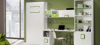 CAMA ABATIBLE VERTICAL LACADA, CON MESA ESTUDIO ,LIBRERÍA CON PUERTAS Y ALTO TRAMPÓN.