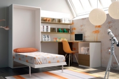 APERTURA DE CAMA ABATIBLE VERTICAL LACADA, CON MESA ESTUDIO DE RINCÓN Y ESTANTERÍAS.