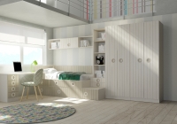 CAMA COMPACTA LACADA CON CAJONES CENTRALES Y CAMA NIDO ABAJO.