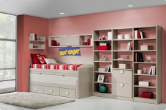 CAMA COMPACTA LACADA EN COLOR TIERRA CON ESCRITORIO EXTRAIBLE.