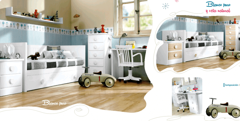 Cama nido infantil en Madrid  Muebles Valencia® Acabado A Blanco - RosMini  Base Acabado B Violana - RosMini Laca