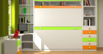 HABITACIÓN INFANTIL, DONDE COMBINAMOS EL BLANCO CON TONOS PISTACHO Y NARANJAS. EL DORMITORIO ESTÁ COMPUESTO POR : LITERA ABATIBLE HORIZONTAL, CHIFONIER CON LIBRERÍA, MESA ESTUDIO DE RINCÓN, ESTANTES DE PARED Y MÓDULO DE CAJONES CON RUEDAS.