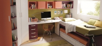 HABITACIÓN JUVENIL, CON CAMA COMPACTA CON BAJO DE CAJONES Y SEGUNDA CAMA ABIERTA, ARMARIO CÓNCAVO , TERMINAL ZAPATERO, MESA ESTUDIO CON ARCÓN EXTRAÍBLE, Y CUBOS DE PARED CON PUERTAS Y DIÁFANOS