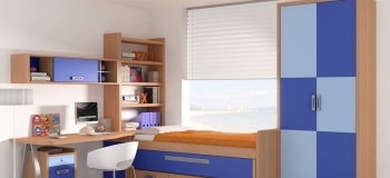 DORMITORIO JUVENIL CON CAMA COMPACTO, MESA ESTUDIO CON MÓDULO DE CAJONES CON RUEDAS, ARCÓN EXTRAÍBLE, ARMARIO, ALTOS DE PARED Y LIBRERÍA.