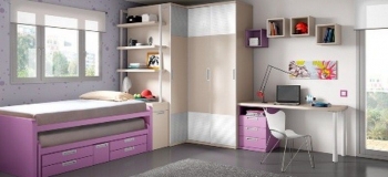 DORMITORIO JUVENIL CON CAMA COMPACTO O BICAMA, ARMARIO DE RINCÓN CON GRAN CAPACIDAD, MESA ESTUDIO, ESTANTERÍA , ARCÓN ZAPATERO Y CUBOS DE PARED.