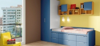 DORMITORIO JUVENIL CON CAMA COMPACTO O BICAMA , ALTOS DIÁFANOS Y ARMARIO EXTRAÍBLE.