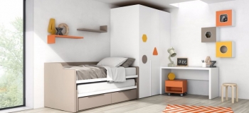 DORMITORIO JUVENIL CON CAMA COMPACTO CON ARMARIO, MESA ESTUDIO Y ESTANTES DE PARED. TODOS LOS MODELOS SE FABRICAN EN DIFERENTES ACABADOS Y DIFERENTES TIRADORES.