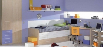 AHORA COMBINAMOS EL MAPLE CON LILA Y CREAMOS UN DORMITORIO INFANTIL CON CAMA COMPACTO CON OCHO CAJONES, MESA ESTUDIO, MESA DE ORDENADOR, ARMARIO , FRISO Y ESTANTE DE PARED.