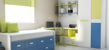 EN ESTE DORMITORIO JUVENIL, COMBINAMOS EL BLANCO, PISTACHO Y AZUL, DANDO A LA HABITACIÓN MUCHA LUMINOSIDAD. LA CAMA COMPACTO CON CAJONES INTERMEDIOS Y CAMA ARRASTRE ES IDEAL PARA CUANDO VIENE UNA VISITA.