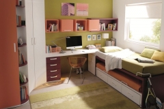 HABITACIÓN JUVENIL, CON CAMA COMPACTA CON BAJO DE CAJONES Y SEGUNDA CAMA ABIERTA, ARMARIO CÓNCAVO , TERMINAL ZAPATERO, MESA ESTUDIO CON ARCÓN EXTRAÍBLE, Y CUBOS DE PARED CON PUERTAS Y DIÁFANOS