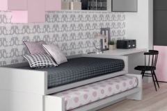 DORMITORIO JUVENIL, CON CAMA COMPACTA PARA DOS COLCHONES DE 90 X 1.90, MESA ESTUDIO. ESTANTES, CUBOS Y TRAMPÓN DE PARED.
