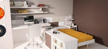 DORMITORIO JUVENIL CON CAMA INDIVIDUAL , CABECERO CORRIDO, MESILLA, MÓDULOS BAJOS ,MESA ESTUDIO Y ESTANTERÍAS.