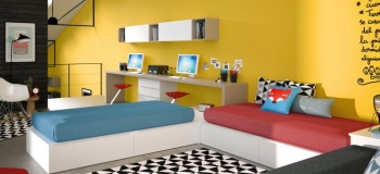 DORMITORIO JUVENIL CON DOS CAMAS NIDO CON CAJONES Y MESA ESTUDIO CON DOS PUESTOS DE TRABAJO.