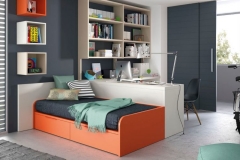 DORMITORIO JUVENIL CON CAMA NIDO DE DOS CAJONES, MESA ESTUDIO Y ESTANTERÍA.