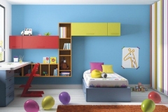DORMITORIO JUVENIL CON CAMA NIDO CON ARRASTRE, MESA ESTUDIO, TRAMPONES Y ALTOS DIÁFANOS.