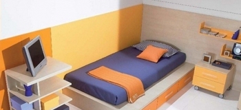 DORMITORIO JUVENIL CON TATAMI CON CAJONES, MESILLA DIÁFANO CON RUEDAS , ESTANTERÍAS Y CUBOS.