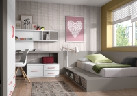 DORMITORIO JUVENIL CON TATAMI CON CANAPÉ ABATIBLE Y DIÁFANO, MESA ESTUDIO DE RINCÓN, ESTANTERÍAS DE PARED, BAJOS DE DOS CAJONES Y GAVETA, ARRIMADEROS Y ARMARIO.