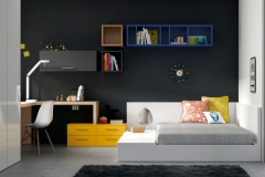HABITACIÓN JUVENIL CON TATAMI DE 1.5, MESA ESTUDIO, MESILLA ARMARIO Y CUBOS DE PARED.
