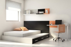 DORMITORIO JUVENIL, CON TATAMI DE CAJONES Y CANAPÉ ABATIBLE, CON MESA ESTUDIO, FRISO Y ESTANTES DE PARED.