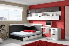 DORMITORIO JUVENIL CON TATAMI DE DOS CAJONES, FRISOS, MESA ESTUDIO , ALTOS TRAMPÓN Y ESTANTERÍAS.