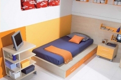 DORMITORIO JUVENIL CON TATAMI CON CAJONES, MESILLA DIÁFANO CON RUEDAS , ESTANTERÍAS Y CUBOS.