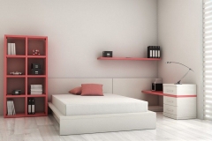 TATAMI FIJO, CON MESA ESTUDIO, ESTANTERÍA Y ESTANTE DE PARED. SE FABRICA EN DIFERENTES ACABADOS.