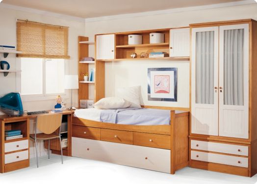 Dormitorio Juvenil con cama nido, armario, puente Librería, arcón