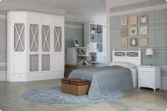 DORMITORIO JUVENIL LACADO SOBRE MADERA DE HAYA, COMPUESTO POR UN CABECERO PARA CAMA DE 90 cm , MESILLA , ESTANTERÍAS, MESA ESTUDIO Y ARMARIO CON PUERTAS DE CRISTAL.