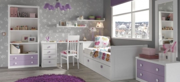 DORMITORIO JUVENIL,CON CAMA NIDO,MESA ESTUDIO,CÓMODA CON ESPEJO, ESTANTERÍAS DE PARED Y LIBRERÍA. FABRICADO EN MADERA DE HAYA Y LACADO EN BLANCO.