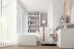 DORMITORIO JUVENIL, FABRICADO SOBRE MADERA DE HAYA LACADO EN BLANCO. COMPUESTO POR UNA CAMA NIDO, MESA ESTUDIO, CHINFFONIER, ARMARIO DE RINCÓN Y ESTANTERÍA.