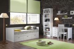 DORMITORIO JUVENIL,LACADO SOBRE MADERA DE HAYA, CON UNA CAMA NIDO, LIBRERÍA, ESTANTERÍAS DE PARED Y MESA ESTUDIO.