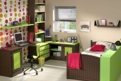 DORMITORIO JUVENIL,FABRICADO EN MADERA DE PINO Y LACADO. FORMADO POR UNA CAMA NIDO, MÓDULOS DE RINCÓN, MESA ESTUDIO Y LIBRERÍA.