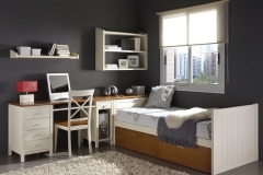 CAMA NIDO CON ARCÓN, MESA ESTUDIO Y ESTANTERÍAS, FABRICADO SOBRE MADERA DE HAYA,COLOR CEREZO Y LACA BLANCA,